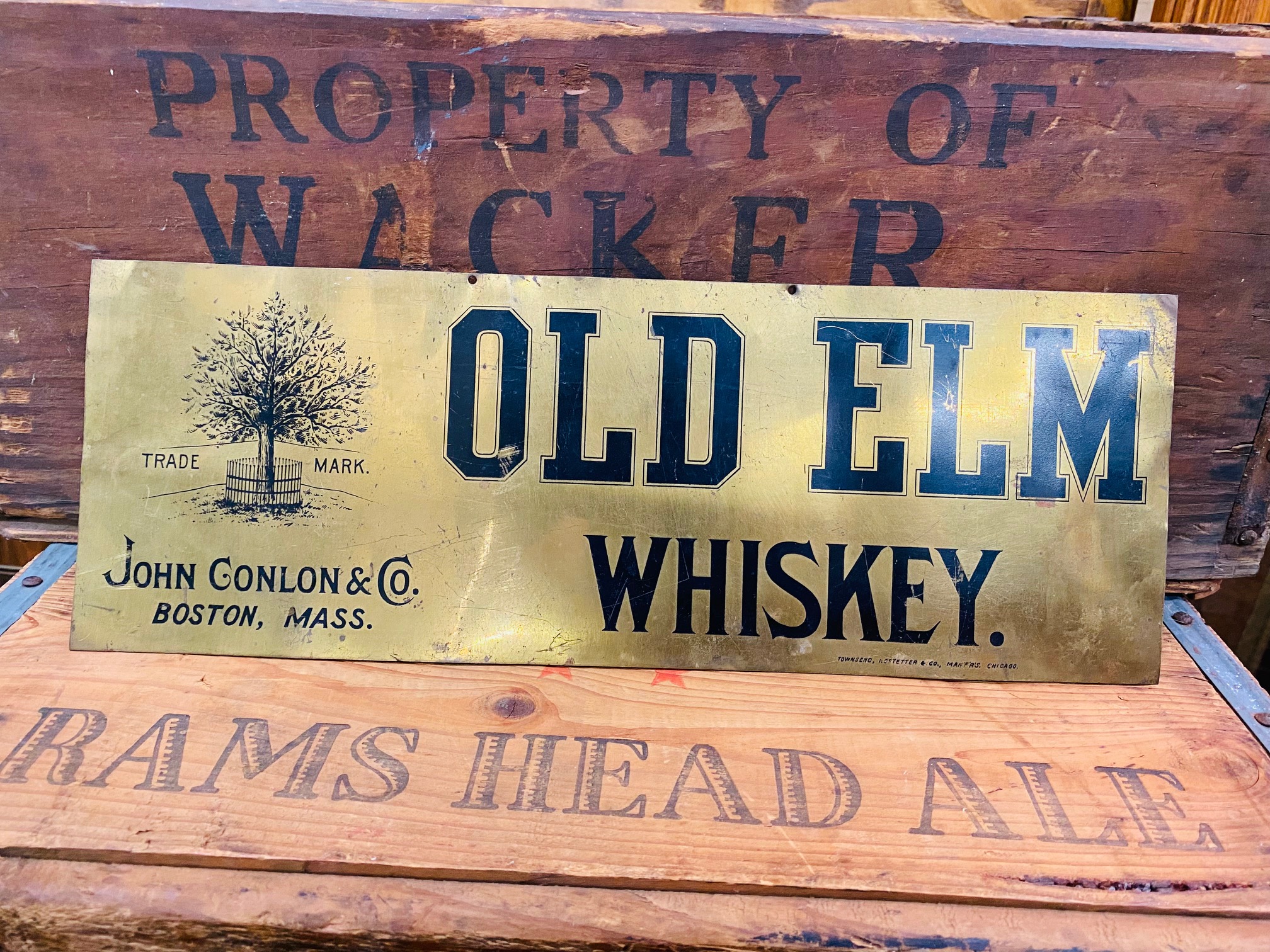 old elm whisky brass sign John conlon company boston Townsend Hostetter Company